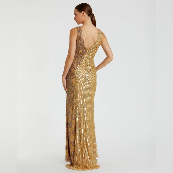 Mac Duggal Gold beaded floral sleeveless dress - Picture 4 of 4